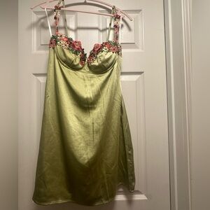 Princess Polly Green Satin Floral Embroidered Slip Dress